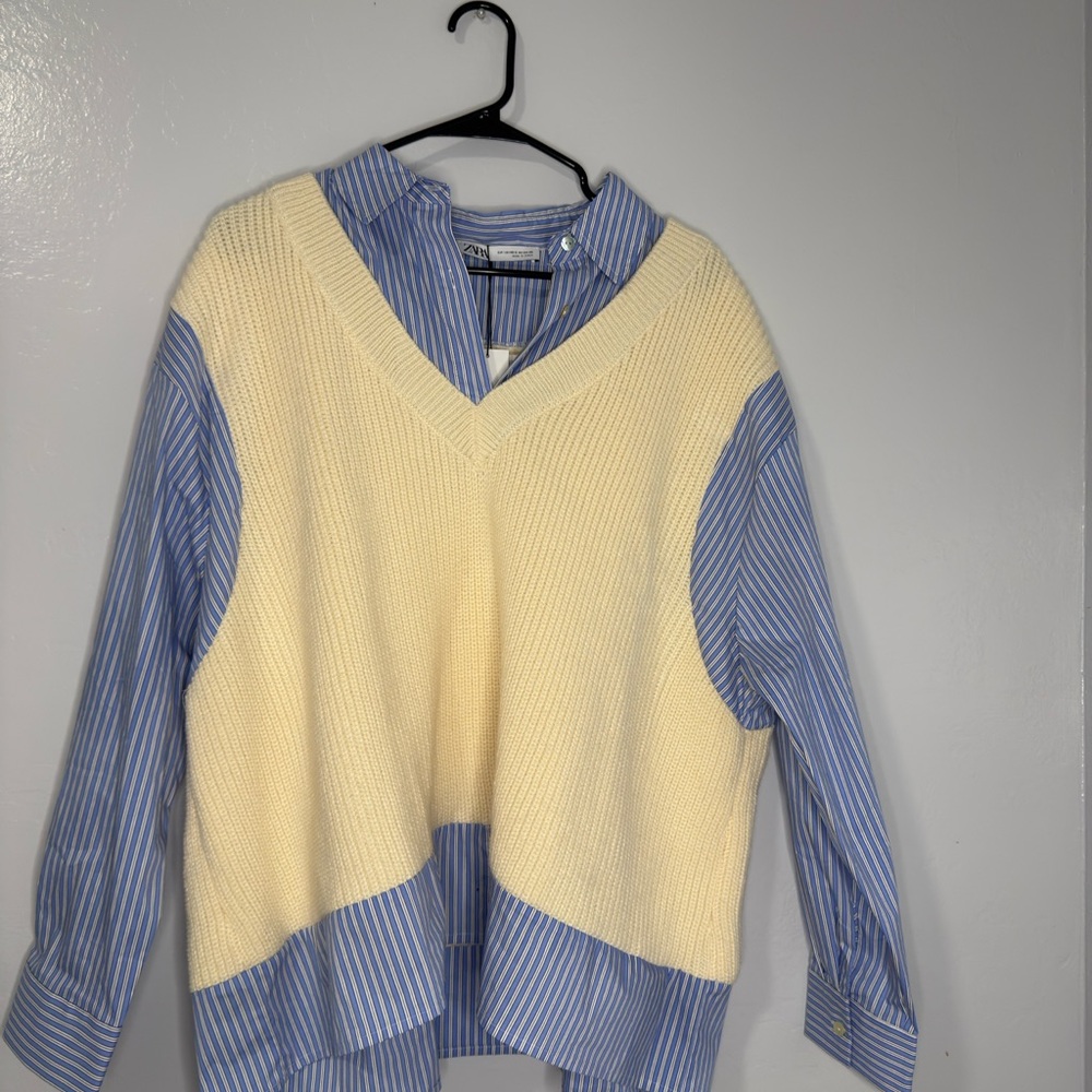 Zara V-Neck Cream and Blue Sweater
